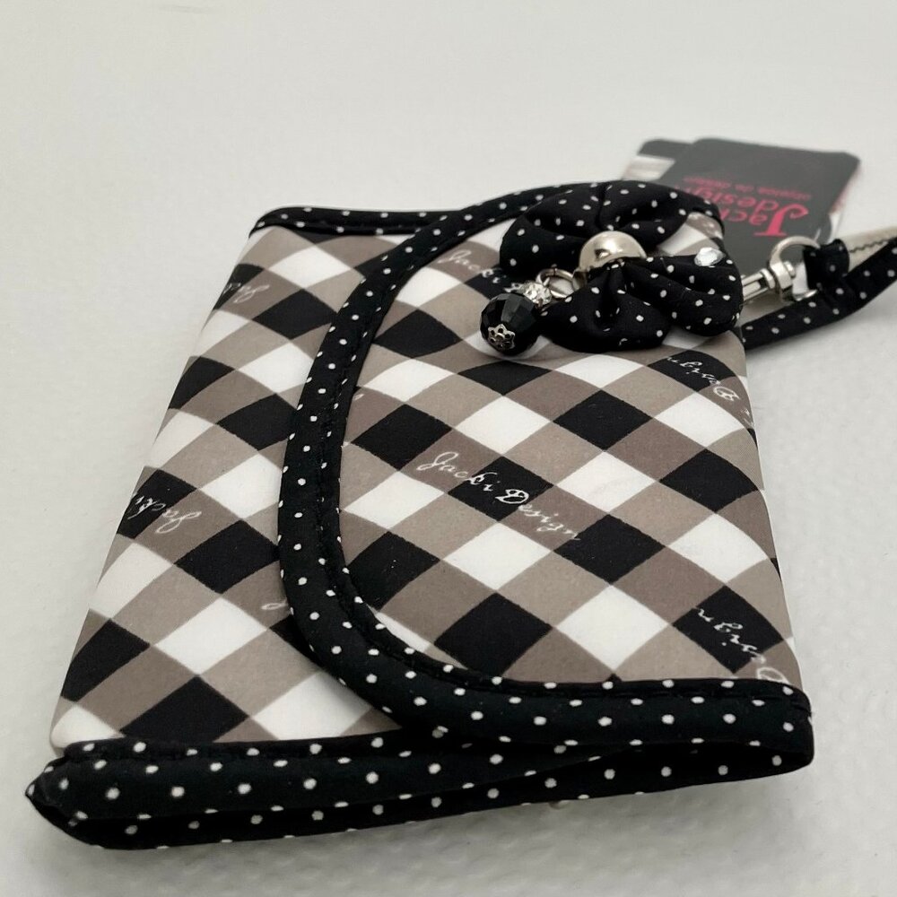 NWT JACKI DESIGN WRISTLET FLAPTOP WALLET COIN MAKEUP BLACK/WHITE BOW W/BEADS - Picture 5 of 11